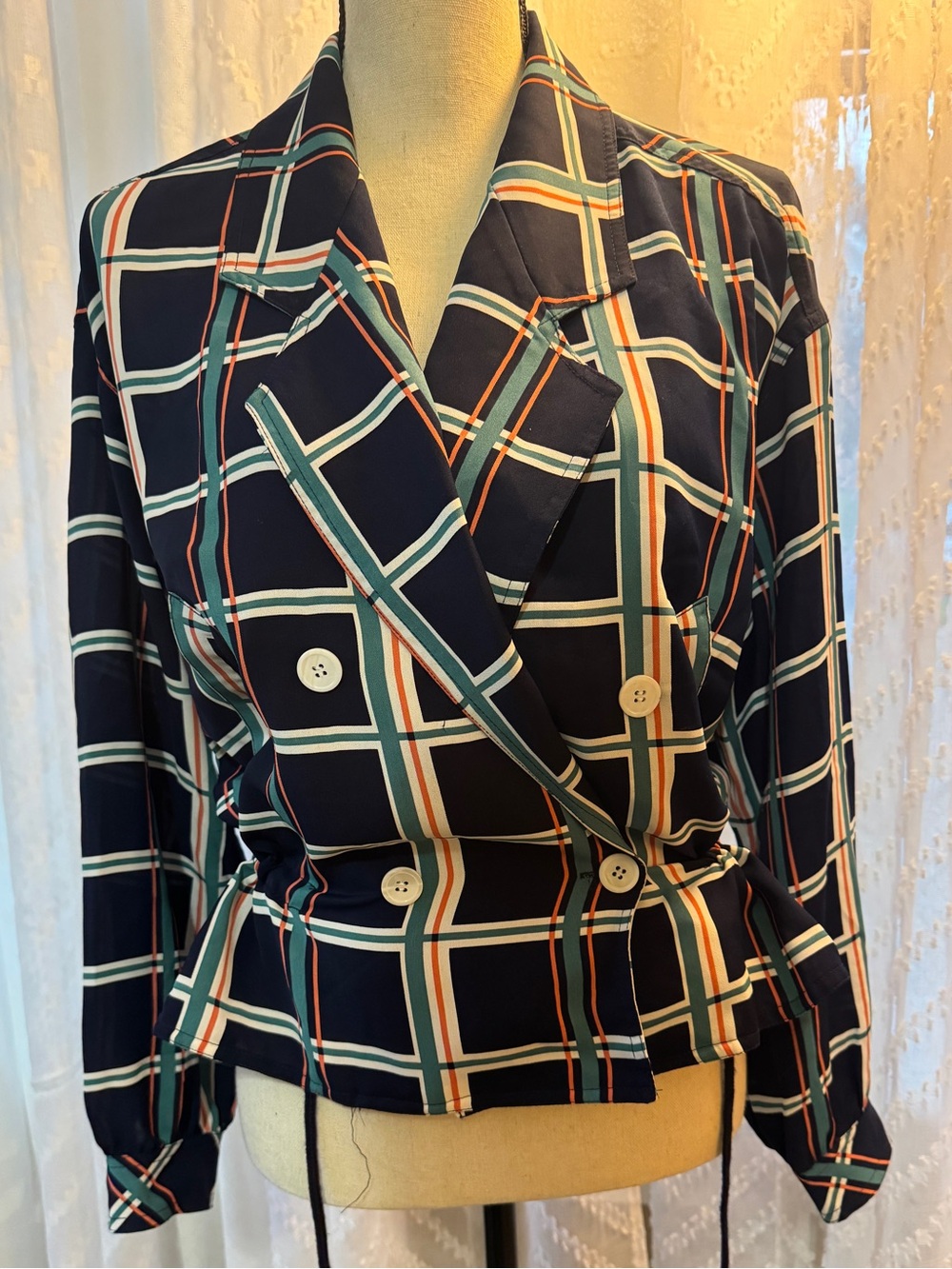 Plaid Double-Breasted Navy Blazer with Cream & Rust Grid